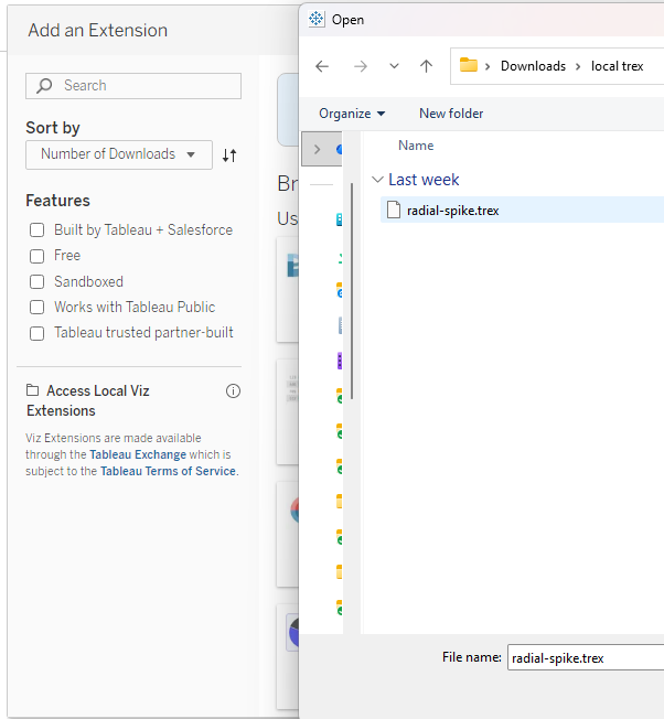 Access Local Viz Extensions chosen, radial-spike.trex selected in the file picker.