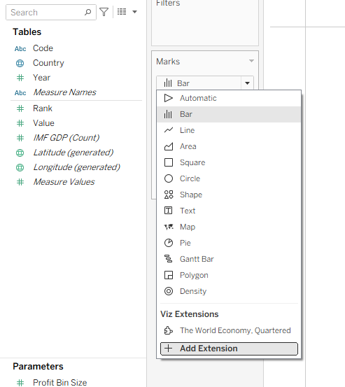 The Marks card mark-type menu open, with Add Viz Extension at the bottom.