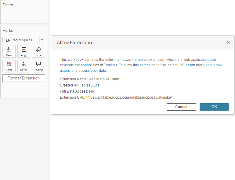 The Allow Extension permission dialog, showing Full Data Access: No, with an OK button.